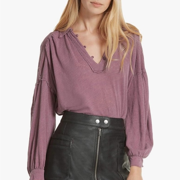 Free People Women Top Medium Rush Hour Linen Button‎ Henley Peasant Frayed Hem - Picture 1 of 10